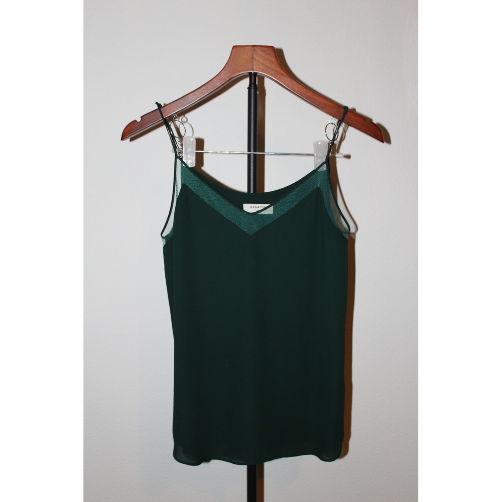 Babaton Women's XXS Forest Green Mesh Trim V-Neck Spaghetti Strap Camisole Top